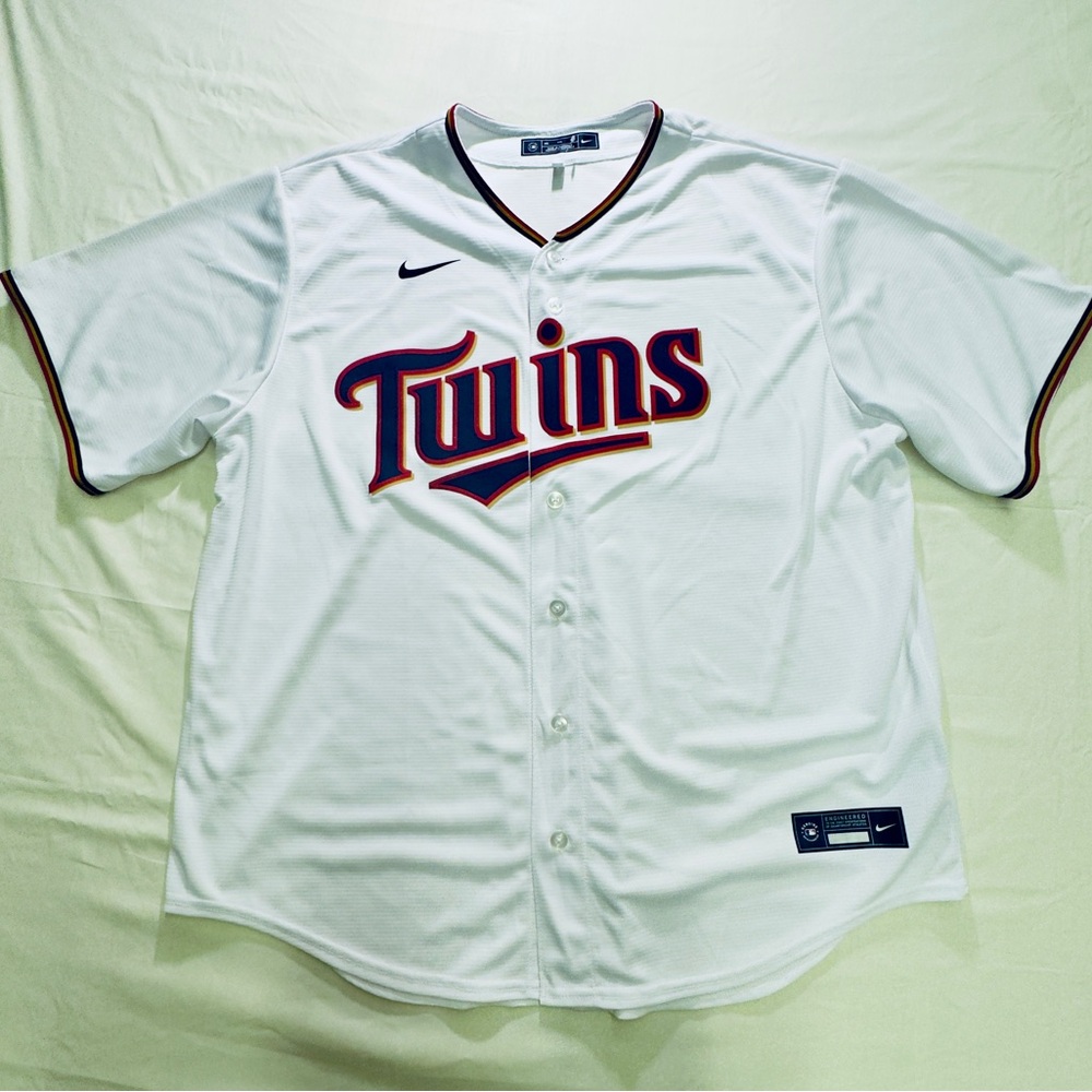 Nike White Twins Baseball Jersey with Navy and Red Script